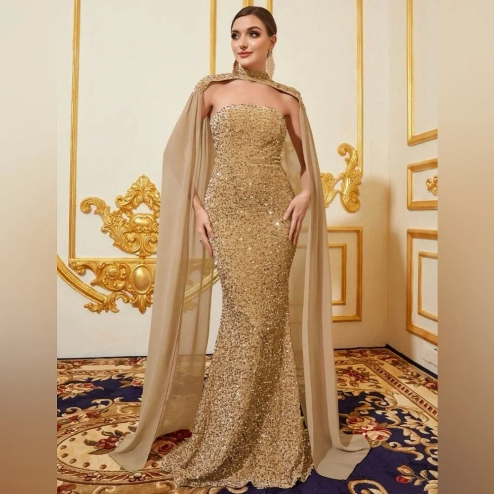 Elegant Long Champagne Draped Sequin Cape & Mermaid Dress Wedding Party Prom - Picture 4 of 8